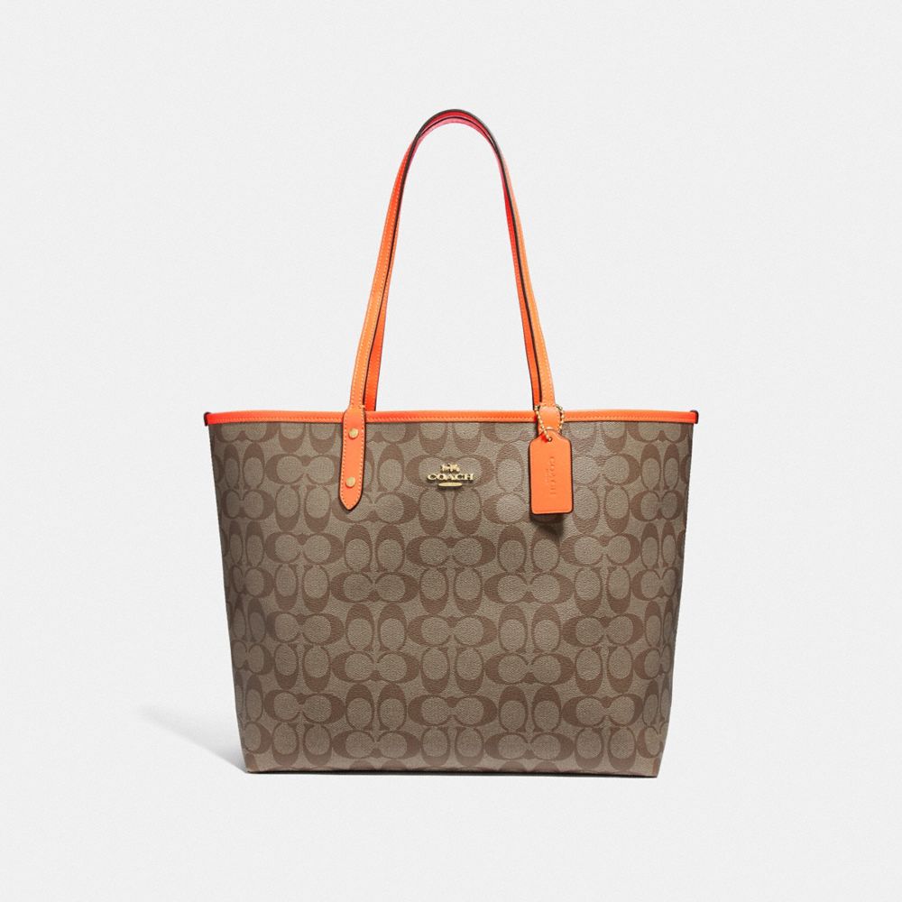 REVERSIBLE CITY TOTE IN SIGNATURE CANVAS - F36658 - KHAKI/NEON ORANGE/LIGHT GOLD