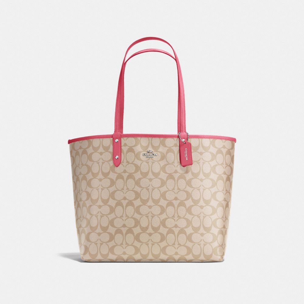 COACH REVERSIBLE CITY TOTE IN SIGNATURE - SILVER/LIGHT KHAKI/STRAWBERRY - f36658