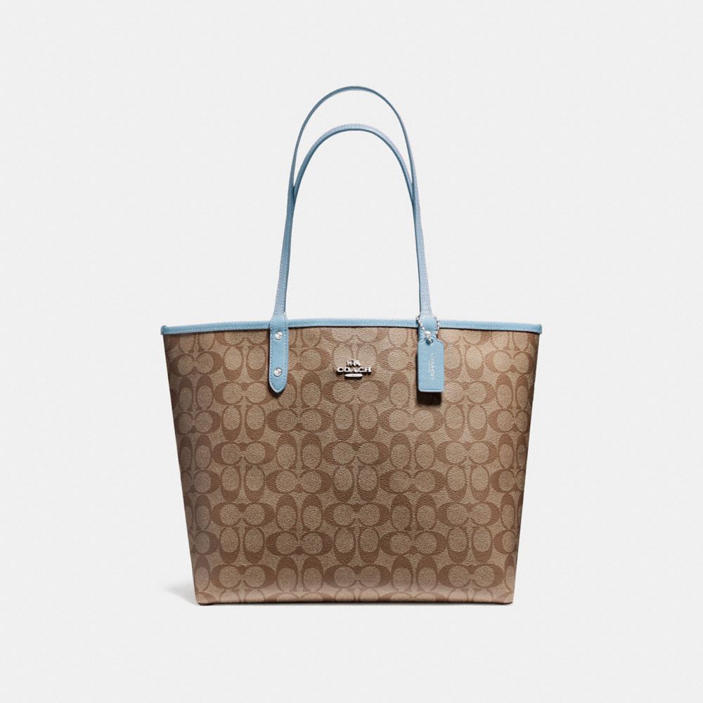 COACH REVERSIBLE CITY TOTE IN SIGNATURE CANVAS - khaki/pale blue/silver - F36658