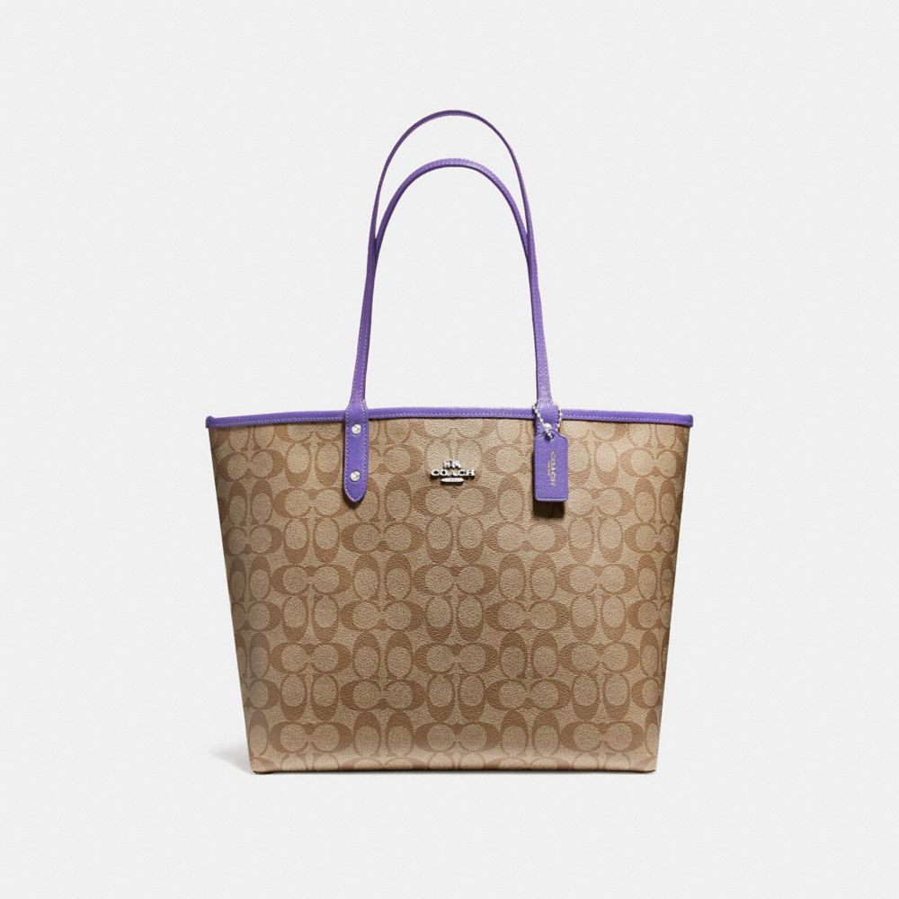 COACH REVERSIBLE CITY TOTE IN SIGNATURE CANVAS - KHAKI/LIGHT PURPLE/SILVER - F36658