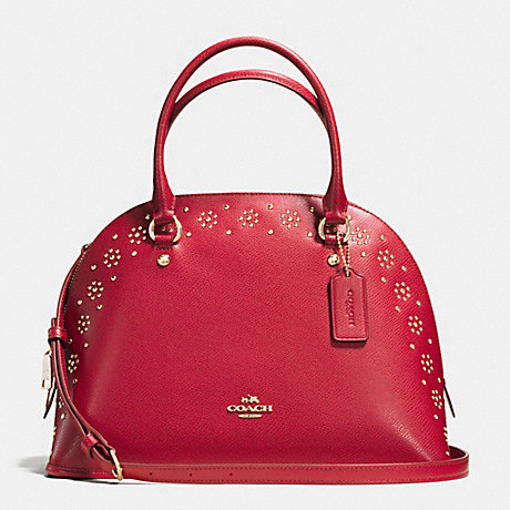 COACH F36669 BORDER STUD CORA DOMED SATCHEL IN CROSSGRAIN LEATHER IMITATION-GOLD/CLASSIC-RED