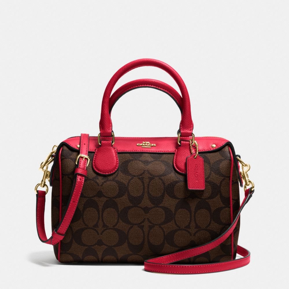 COACH F36702 Mini Bennett Satchel In Signature IMITATION GOLD/BROW TRUE RED