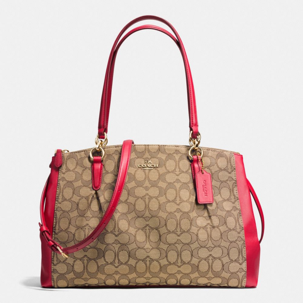 COACH F36720 - CHRISTIE CARRYALL WITH PLEATS IN OUTLINE SIGNATURE IMITATION GOLD/KHAKI/CLASSIC RED
