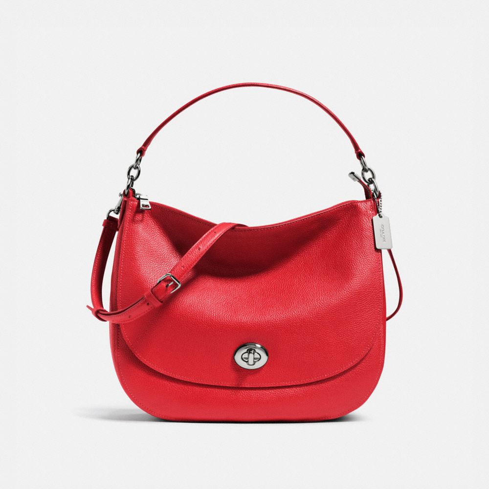COACH F36762 Turnlock Hobo In Pebble Leather SILVER/TRUE RED