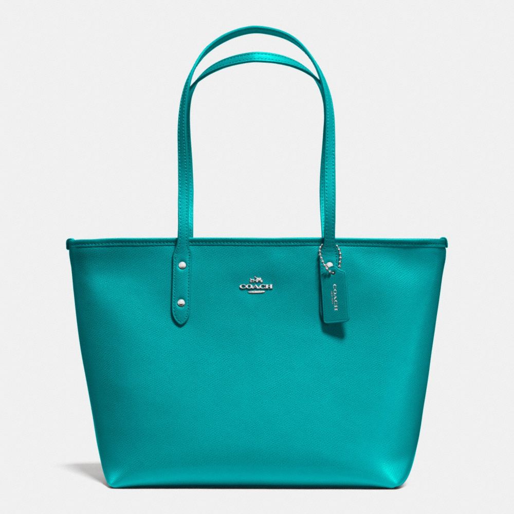 COACH F36875 City Zip Tote In Crossgrain Leather SILVER/TURQUOISE