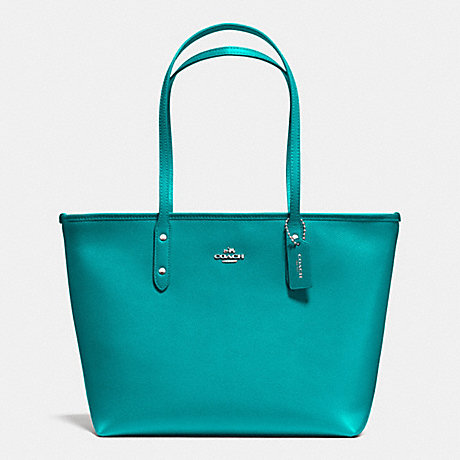 COACH F36875 CITY ZIP TOTE IN CROSSGRAIN LEATHER SILVER/TURQUOISE
