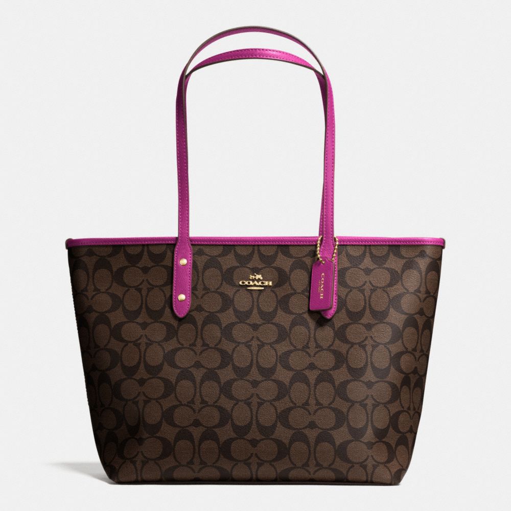 COACH F36876 - CITY ZIP TOTE IN SIGNATURE IMITATION GOLD/BROWN/FUCHSIA