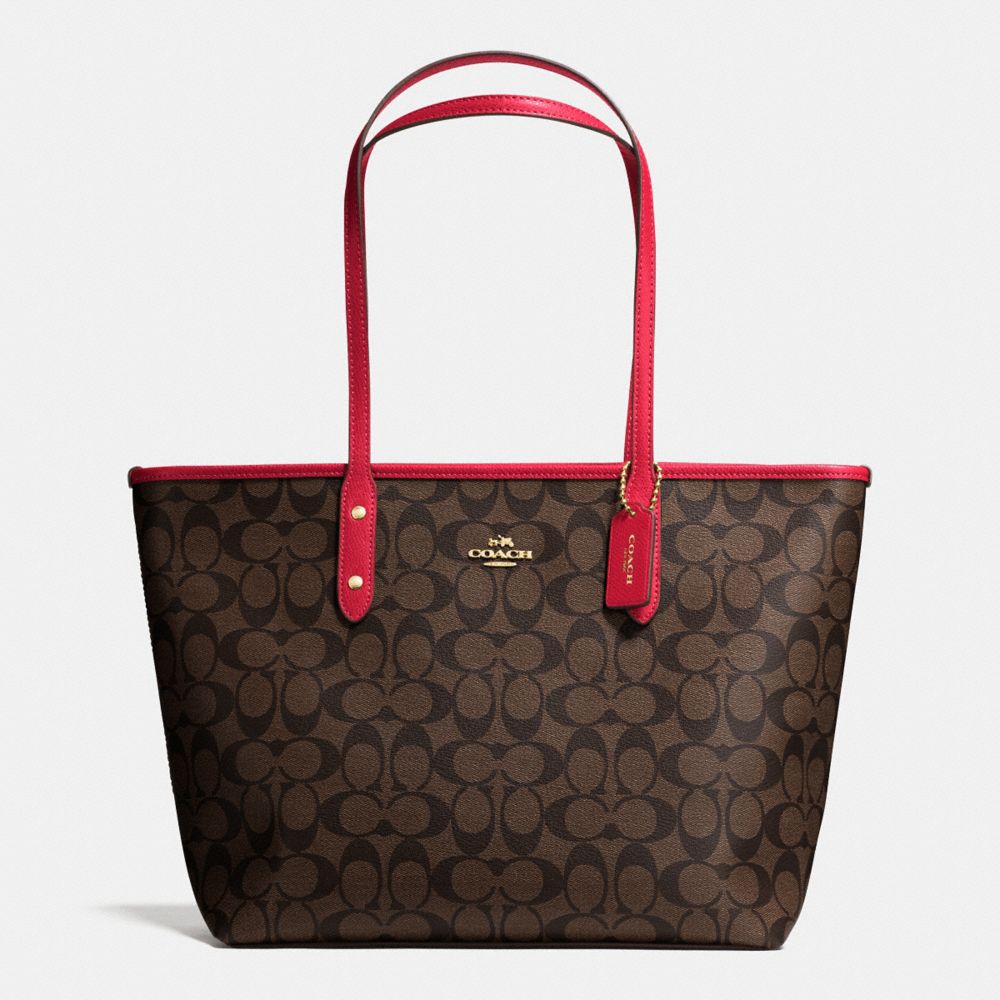 COACH F36876 CITY ZIP TOTE IN SIGNATURE IMITATION-GOLD/BROW-TRUE-RED