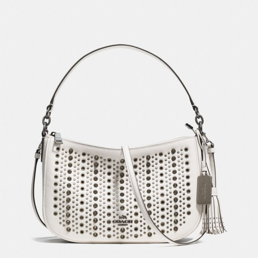 COACH F37036 All Over Studs Chelsea Crossbody In Pebble Leather BLACK ANTIQUE NICKEL/CHALK