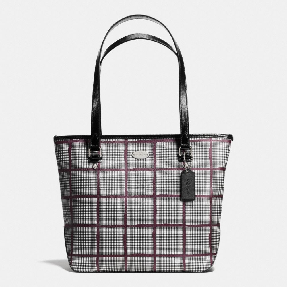 ZIP TOP TOTE IN GLEN PLAID COATED CANVAS - f37057 - SILVER/BLACK