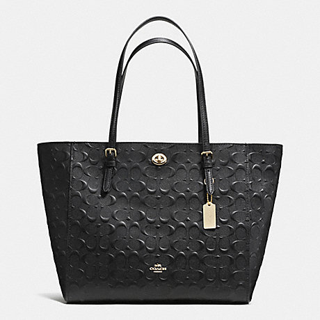 COACH f37191 TURNLOCK TOTE IN SIGNATURE EMBOSSED LEATHER LIGHT GOLD/BLACK