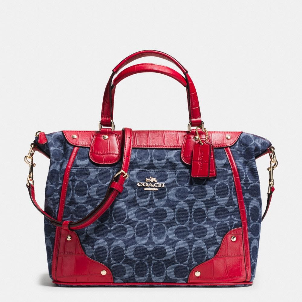 MICKIE SATCHEL IN CROC EMBOSSED DENIM JACQUARD - f37313 - IMITATION GOLD/DENIM/CLASSIC RED