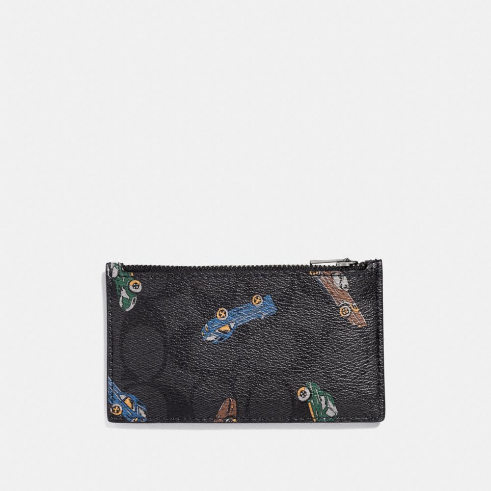 COACH ZIP CARD CASE IN SIGNATURE CANVAS WITH CAR PRINT - ANTIQUE NICKEL/BLACK MULTI - f37356