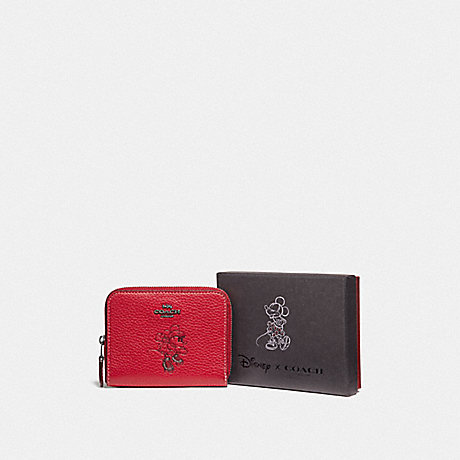 COACH BOXED MINNIE MOUSE SMALL ZIP AROUND WALLET WITH MOTIF - DARK GUNMETAL/1941 RED - F37538