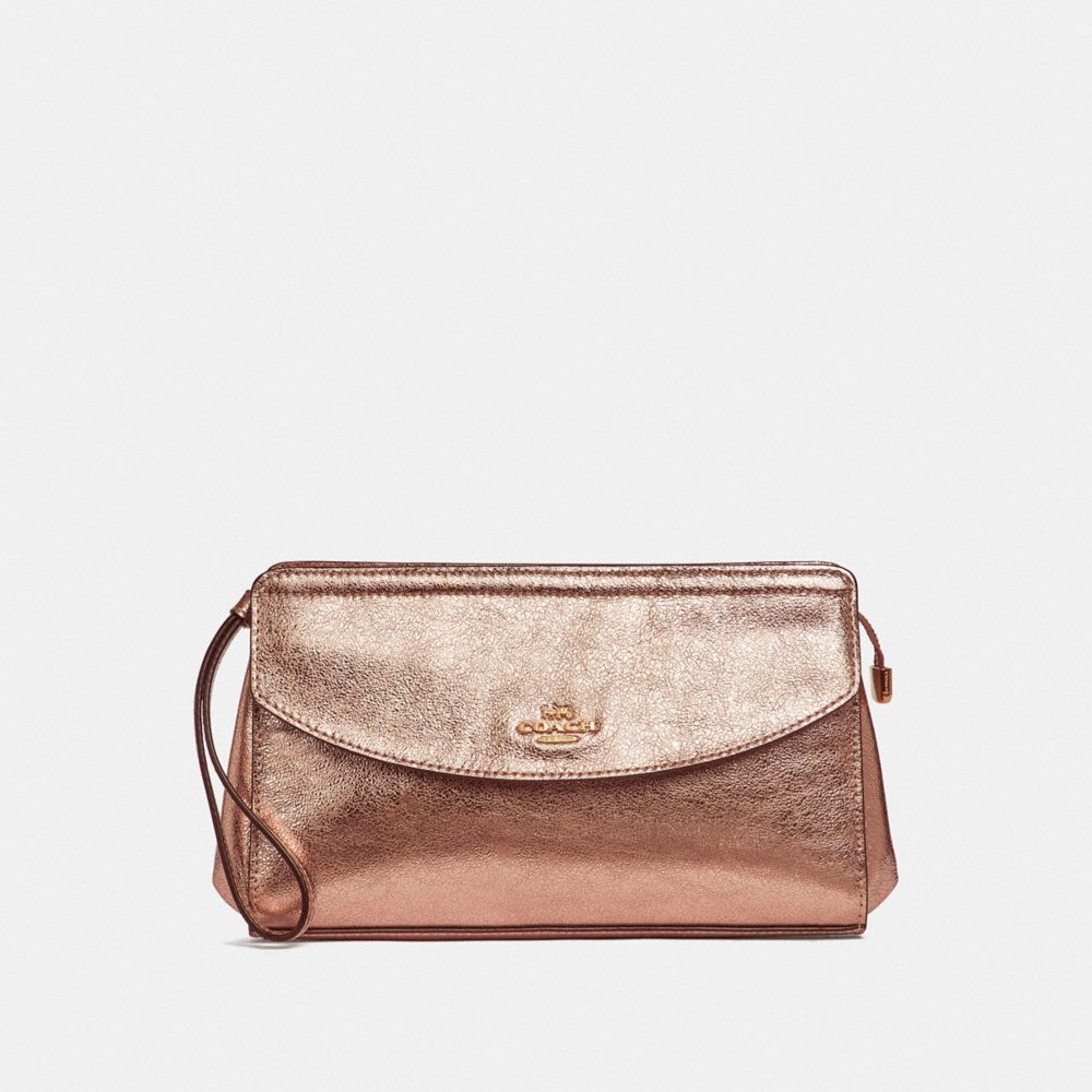 Crossbody Seatbelt Clutch from FiberTime in Latte, Evergreen and Light Gold