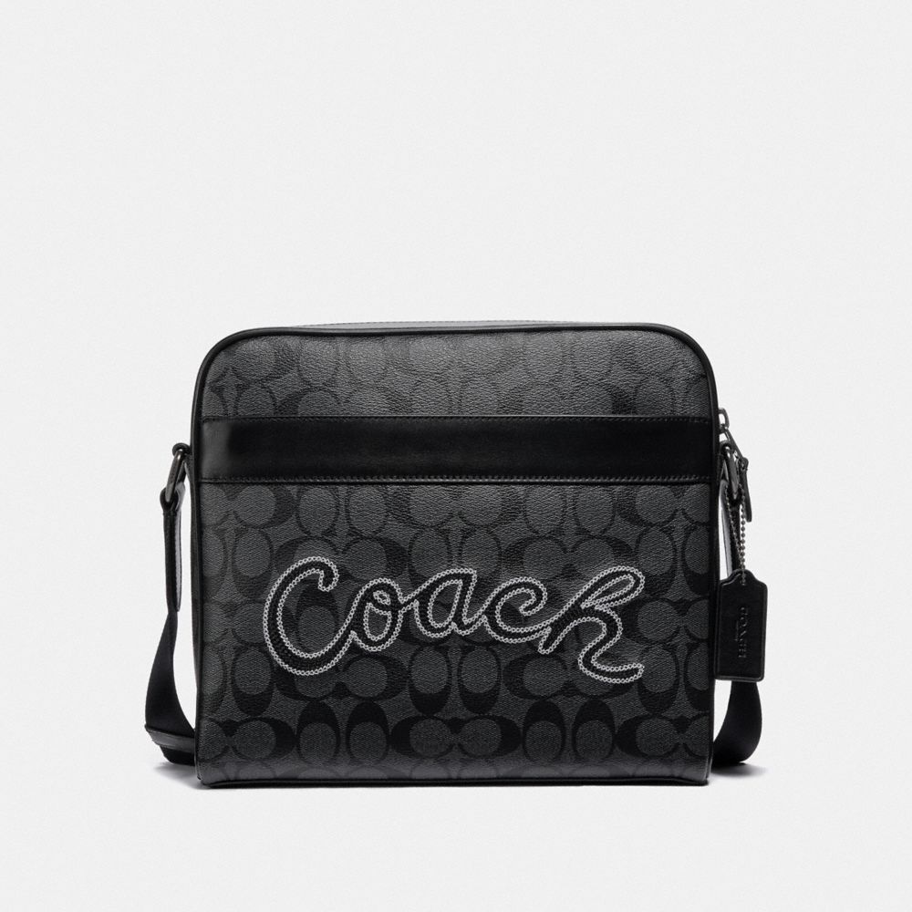 COACH F37558 - CHARLES CAMERA BAG IN SIGNATURE CANVAS WITH COACH SCRIPT CHARCOAL/BLACK/BLACK ANTIQUE NICKEL
