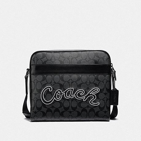 COACH F37558 CHARLES CAMERA BAG IN SIGNATURE CANVAS WITH COACH SCRIPT CHARCOAL/BLACK/BLACK-ANTIQUE-NICKEL