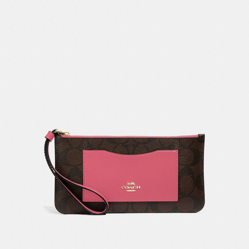COACH F37565 ZIP TOP WALLET IN SIGNATURE CANVAS BROWN/STRAWBERRY/IMITATION-GOLD