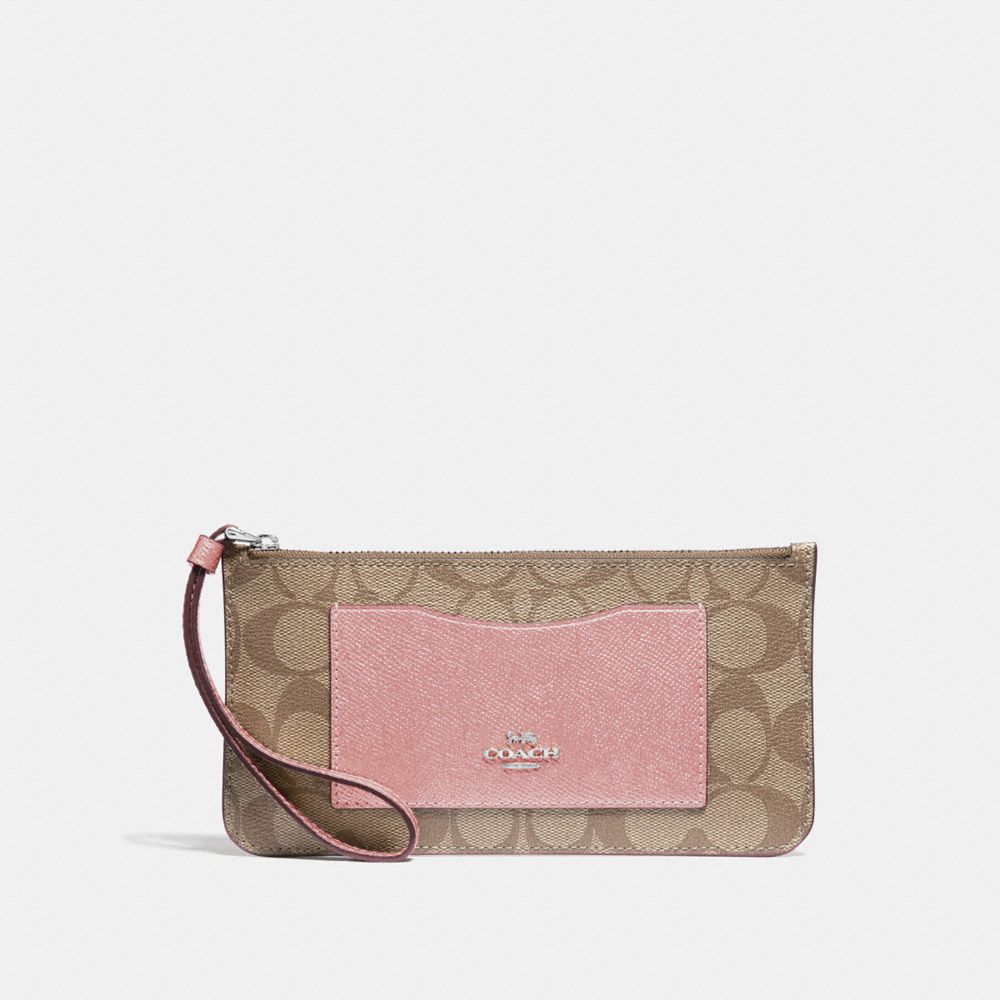 COACH F37565 Zip Top Wallet In Signature Canvas KHAKI/PETAL/SILVER