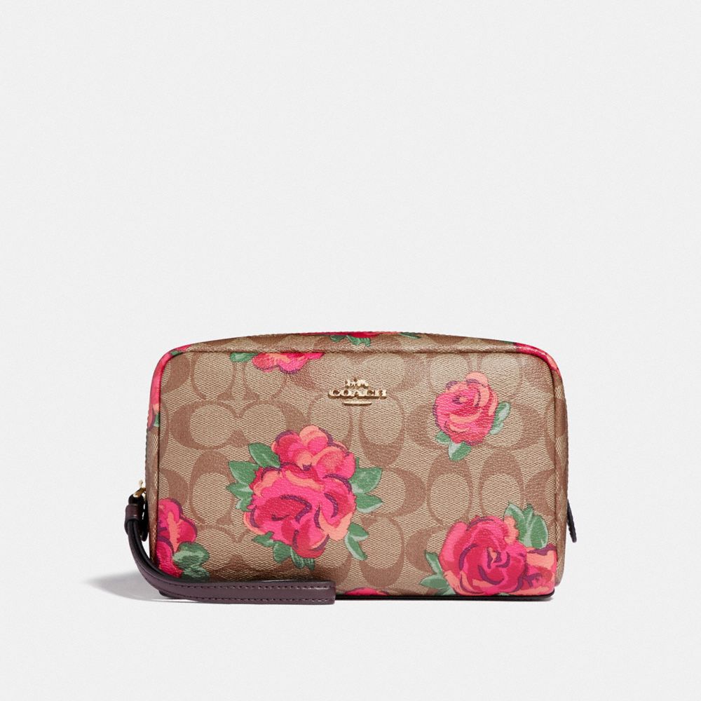 COACH BOXY COSMETIC CASE 20 IN SIGNATURE CANVAS WITH JUMBO FLORAL PRINT - KHAKI/OXBLOOD MULTI/LIGHT GOLD - F37566