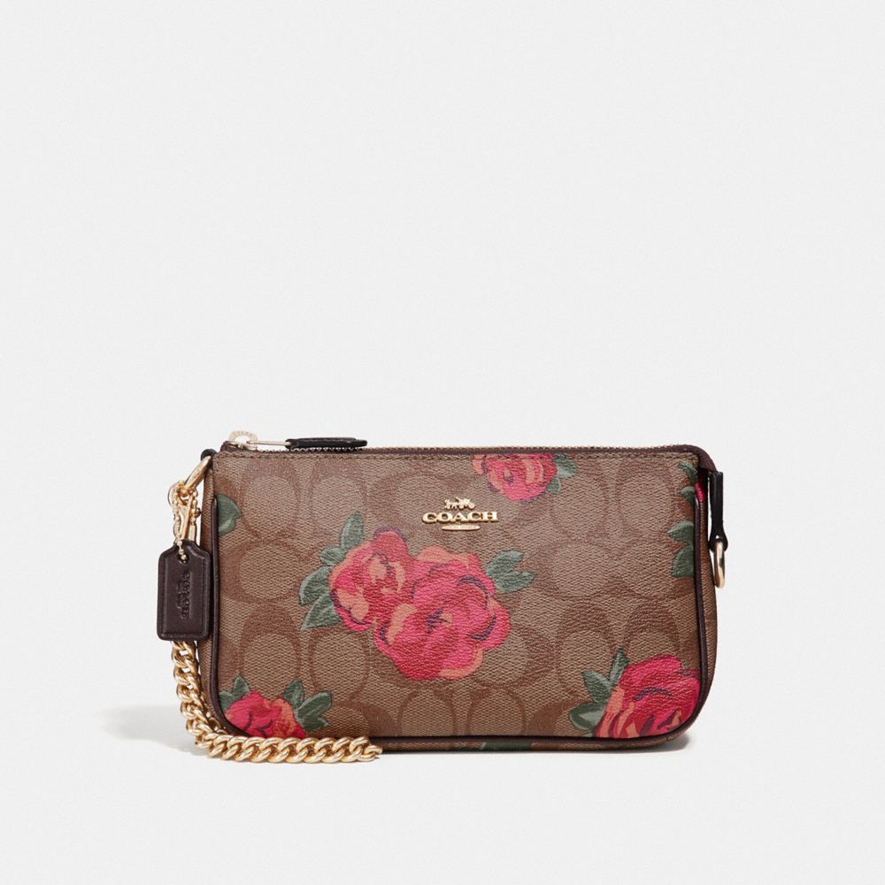 COACH F37567 LARGE WRISTLET 19 IN SIGNATURE CANVAS WITH JUMBO FLORAL PRINT KHAKI/OXBLOOD MULTI/LIGHT GOLD