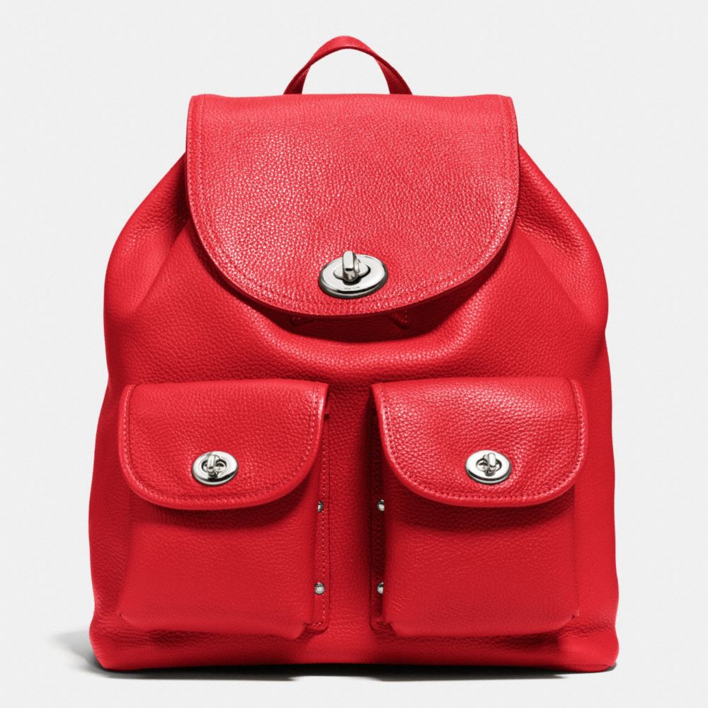 COACH F37582 TURNLOCK RUCKSACK IN POLISHED PEBBLE LEATHER SILVER/TRUE-RED