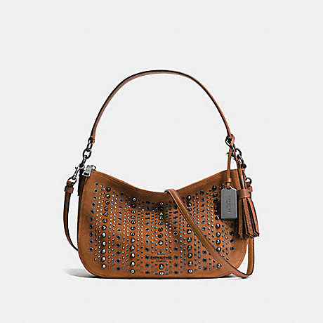 COACH f37583 ALL OVER STUDS AND GROMMETS CHELSEA CROSSBODY IN SUEDE ANTIQUE NICKEL/SADDLE
