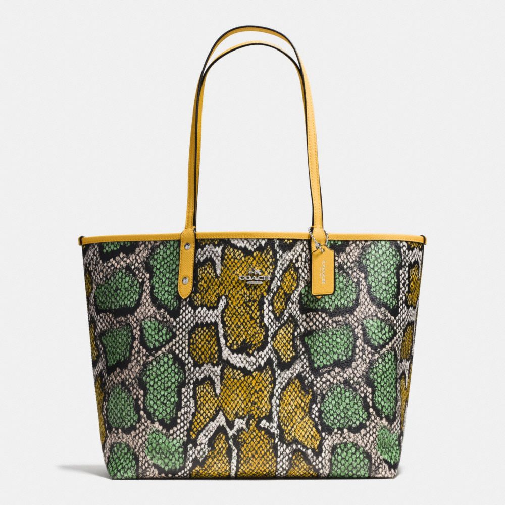 COACH F37676 REVERSIBLE CITY TOTE IN SNAKE PRINT COATED CANVAS SILVER/CANARY-MULTI/CANARY
