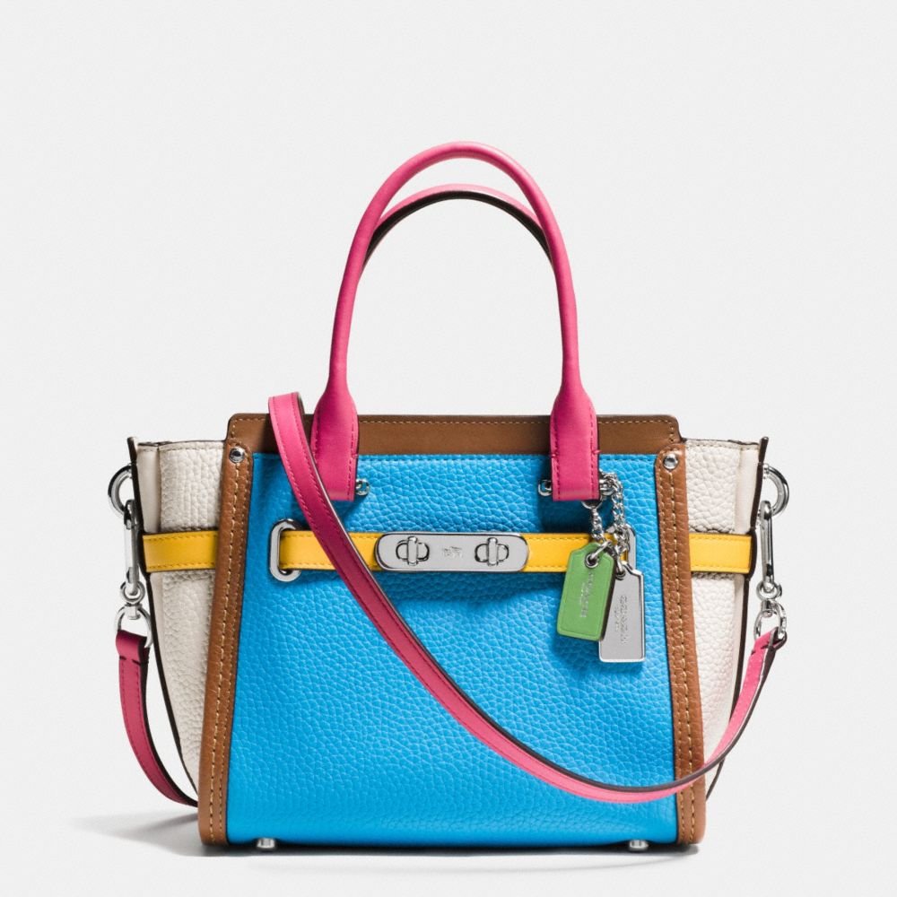 COACH F37694 - COACH SWAGGER 21 CARRYALL IN RAINBOW COLORBLOCK LEATHER SILVER/AZURE MULTI