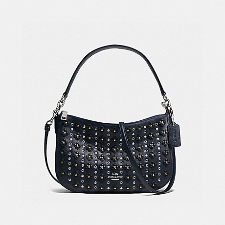 COACH F37702 CHELSEA CROSSBODY IN FLORAL RIVETS LEATHER SILVER/NAVY/BLACK