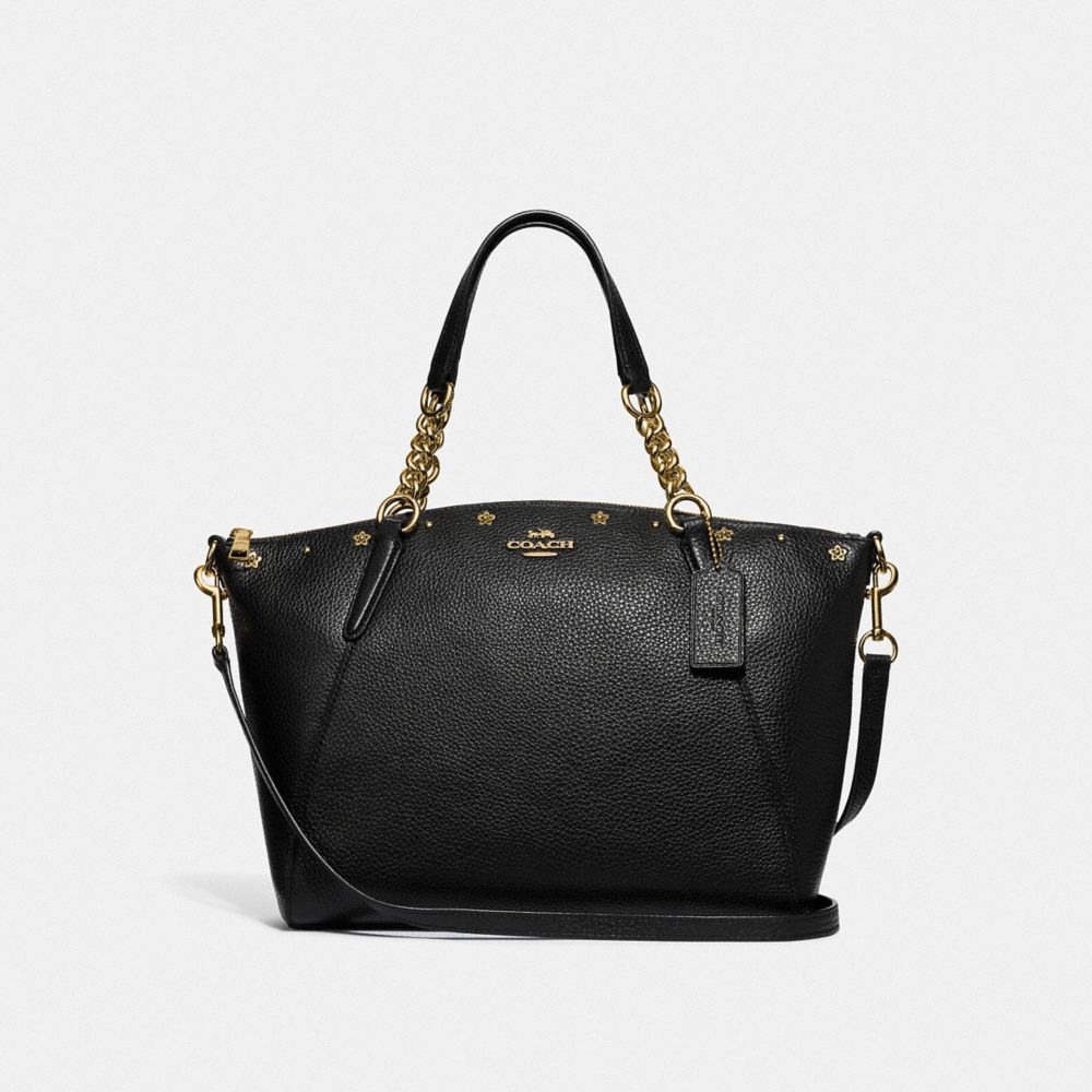 COACH F37773 KELSEY CHAIN SATCHEL WITH FLORAL RIVETS BLACK/LIGHT GOLD