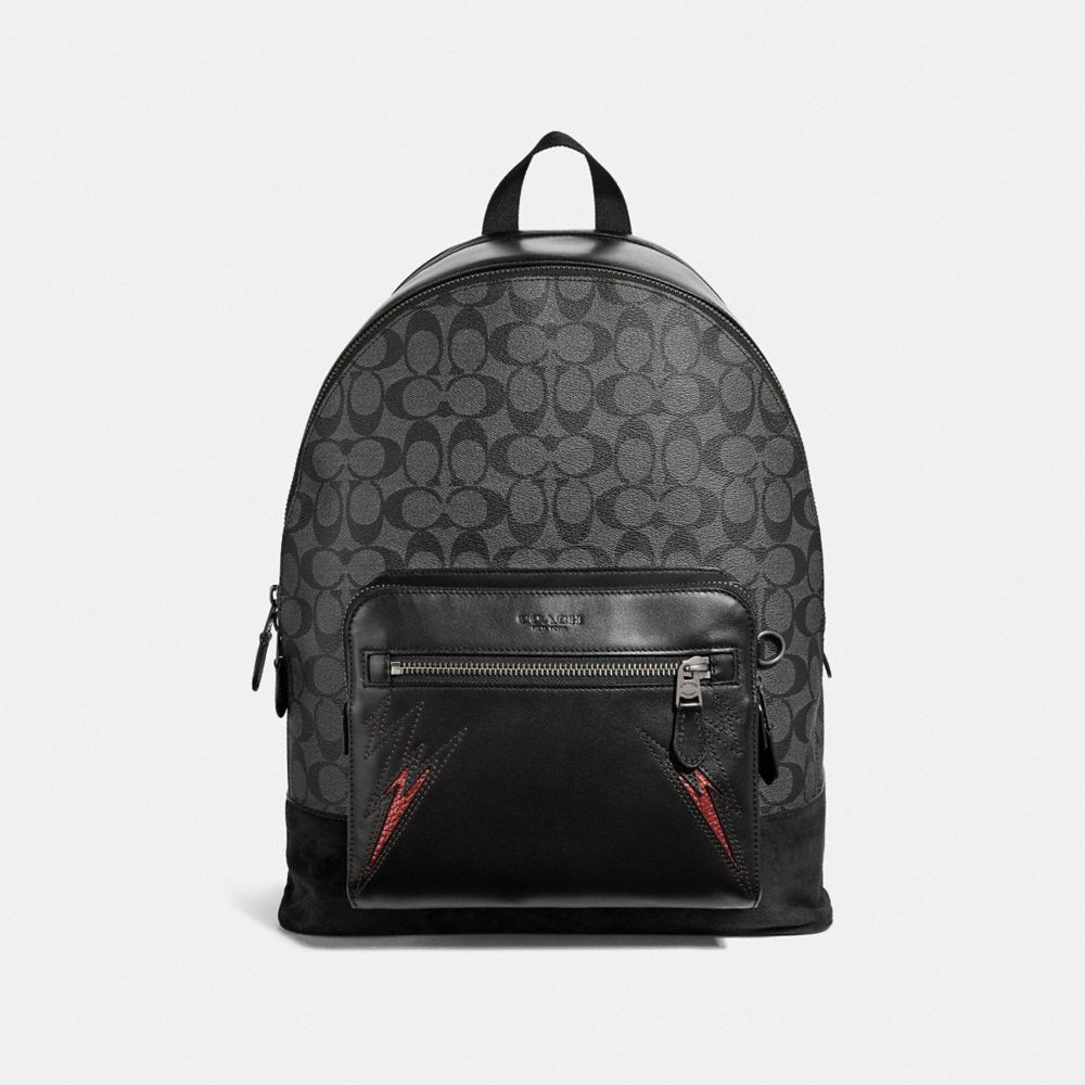 WEST BACKPACK IN SIGNATURE CANVAS WITH CUT OUTS - COACH F37801 - CHARCOAL/BLACK/BLACK ANTIQUE NICKEL