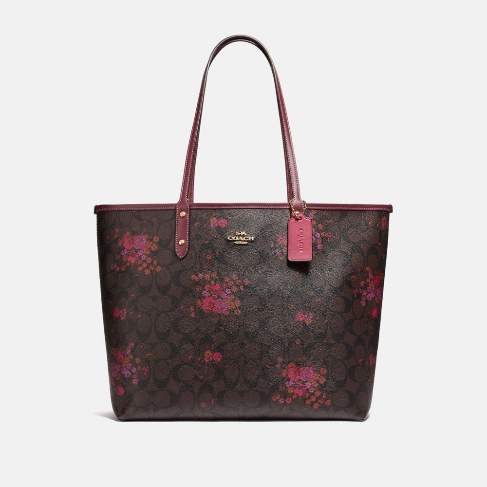 COACH F37807 - REVERSIBLE CITY TOTE IN SIGNATURE CANVAS WITH FLORAL BUNDLE PRINT BROWN/METALLIC CURRANT/LIGHT GOLD