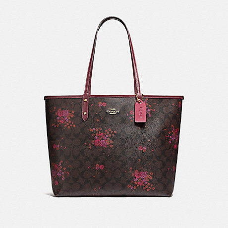 COACH F37807 REVERSIBLE CITY TOTE IN SIGNATURE CANVAS WITH FLORAL BUNDLE PRINT BROWN/METALLIC CURRANT/LIGHT GOLD