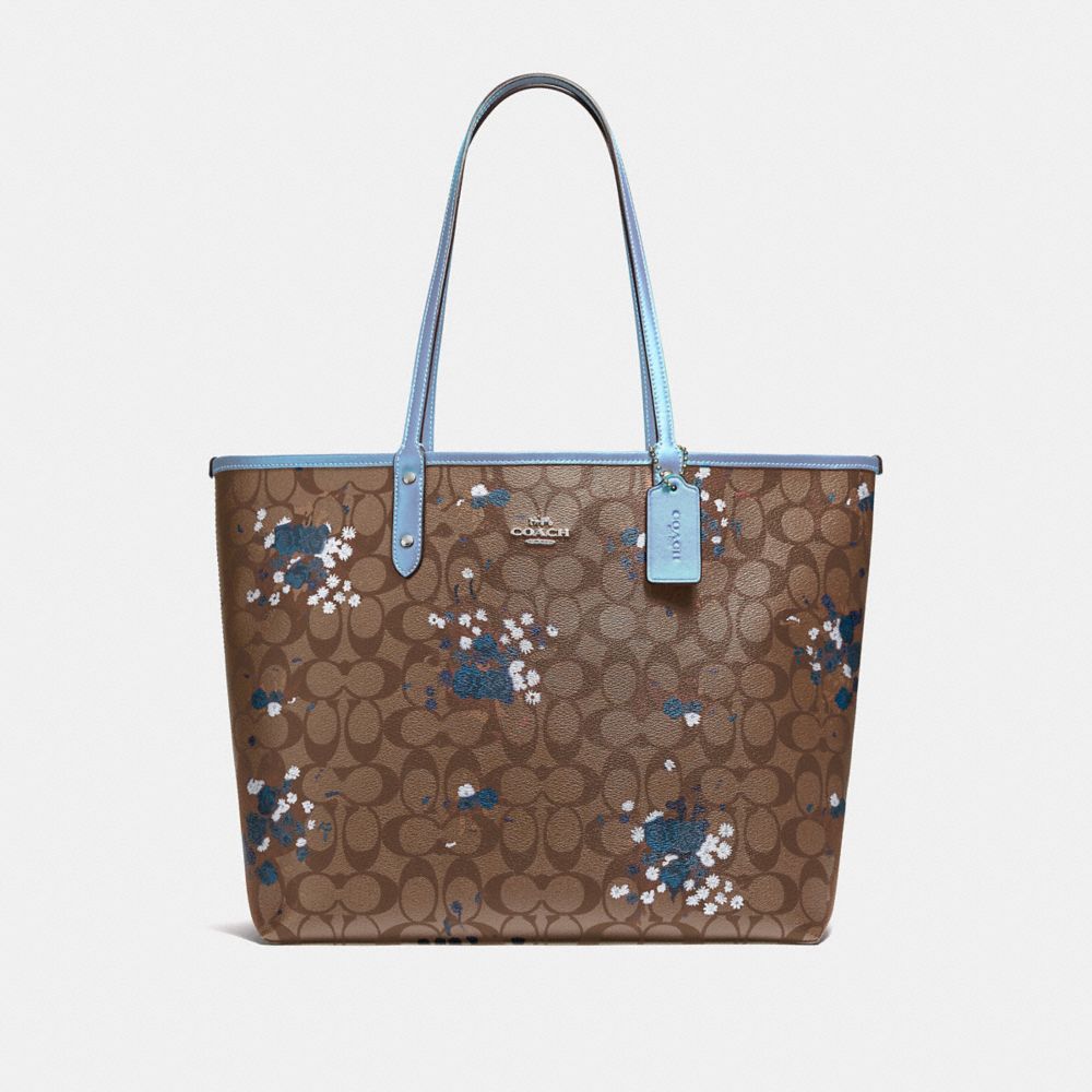 REVERSIBLE CITY TOTE IN SIGNATURE CANVAS WITH FLORAL BUNDLE PRINT - F37807 - KHAKI/CORNFLOWER/SILVER