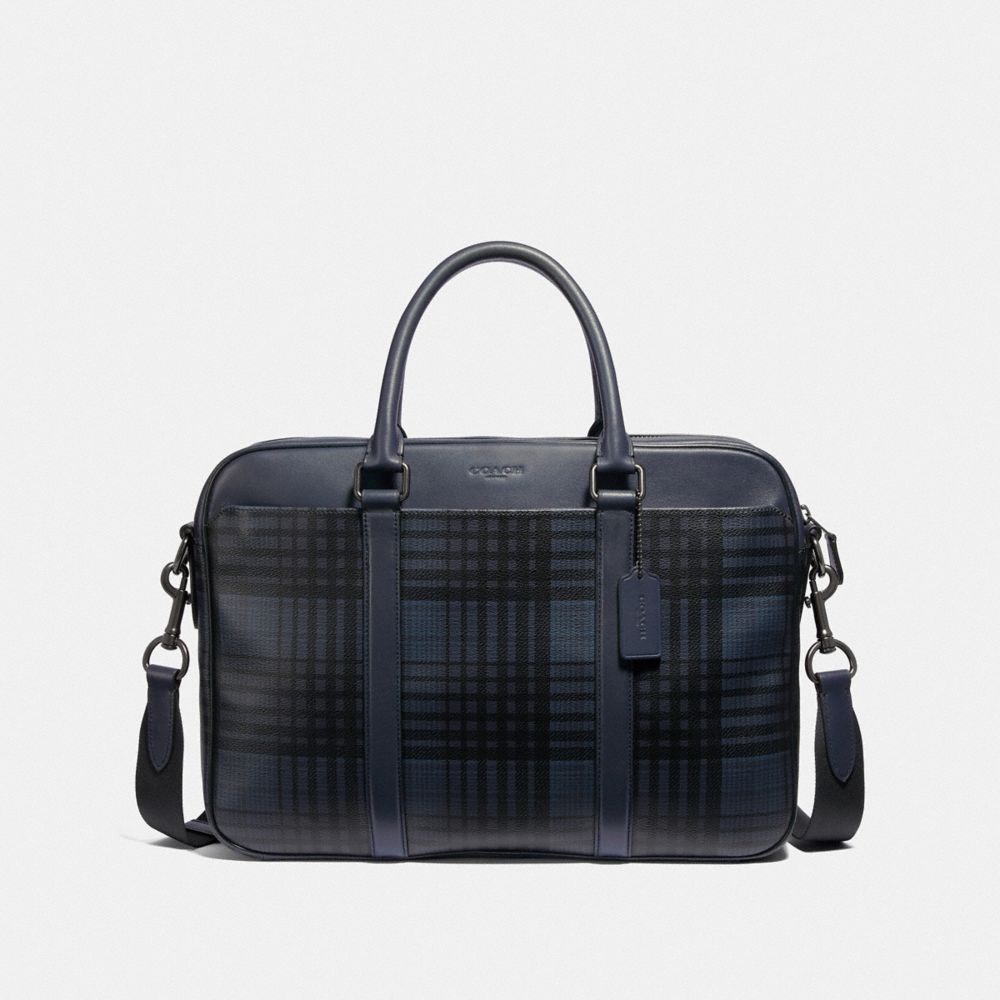 COACH PERRY SLIM BRIEF WITH TWILL PLAID PRINT - MIDNIGHT NAVY MULTI/BLACK ANTIQUE NICKEL - F37808