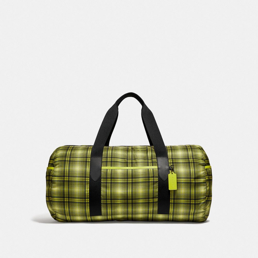 COACH F37829 - PACKABLE DUFFLE WITH SOFT PLAID PRINT NEON YELLOW MULTI/BLACK ANTIQUE NICKEL