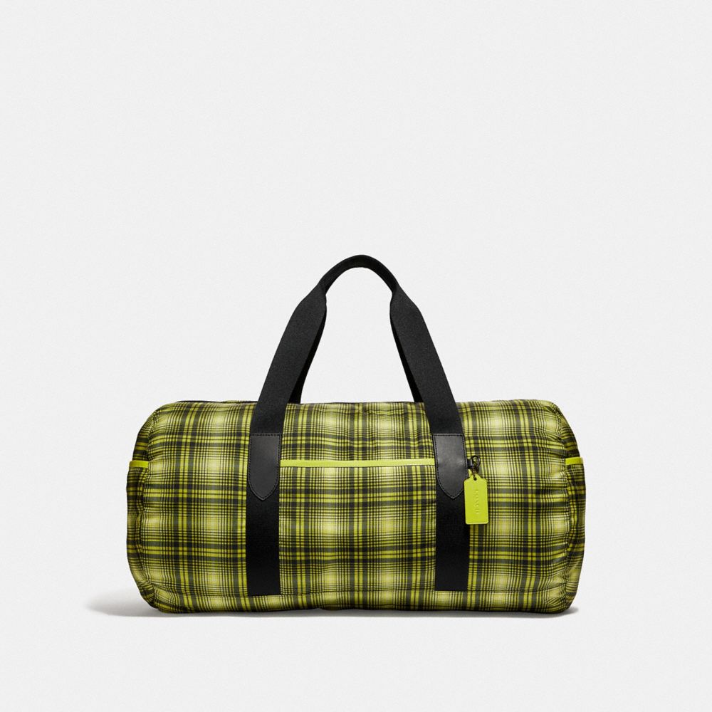 COACH F37829 Packable Duffle With Soft Plaid Print NEON YELLOW MULTI/BLACK ANTIQUE NICKEL