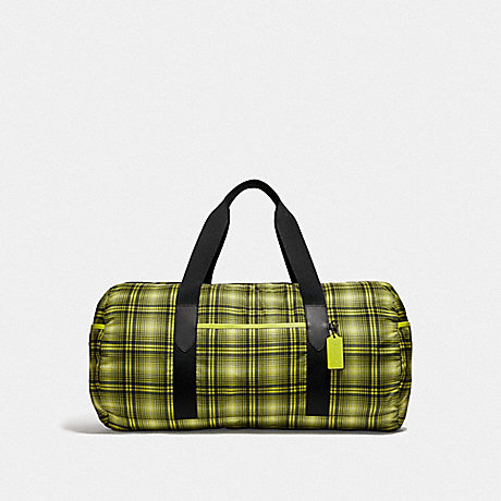 COACH PACKABLE DUFFLE WITH SOFT PLAID PRINT - NEON YELLOW MULTI/BLACK ANTIQUE NICKEL - F37829
