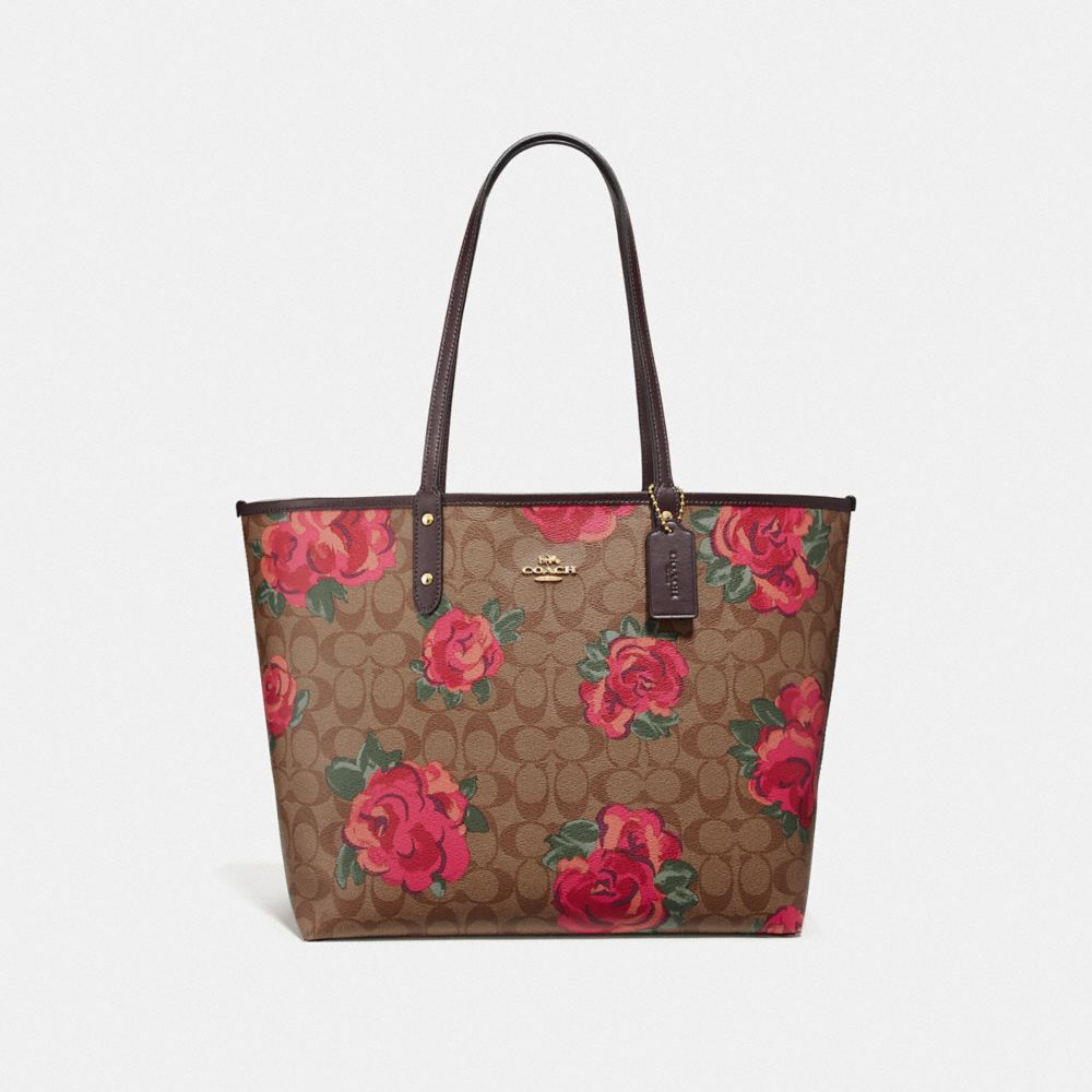 REVERSIBLE CITY TOTE IN SIGNATURE CANVAS WITH JUMBO FLORAL PRINT - F37844 - KHAKI/OXBLOOD MULTI/LIGHT GOLD
