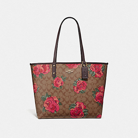 COACH F37844 REVERSIBLE CITY TOTE IN SIGNATURE CANVAS WITH JUMBO FLORAL PRINT KHAKI/OXBLOOD MULTI/LIGHT GOLD