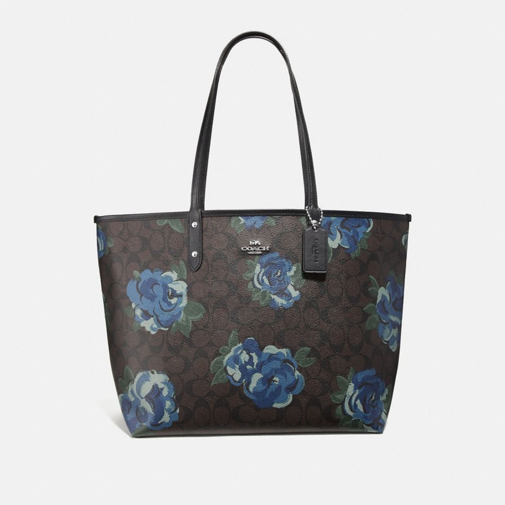 REVERSIBLE CITY TOTE IN SIGNATURE CANVAS WITH JUMBO FLORAL PRINT - BROWN BLACK/MULTI/SILVER - COACH F37844