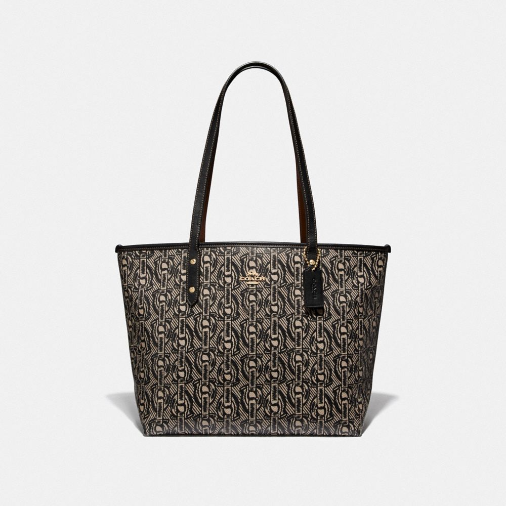 COACH F37854 - CITY ZIP TOTE WITH CHAIN PRINT BLACK/LIGHT GOLD