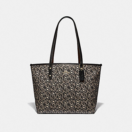 COACH F37854 CITY ZIP TOTE WITH CHAIN PRINT BLACK/LIGHT GOLD