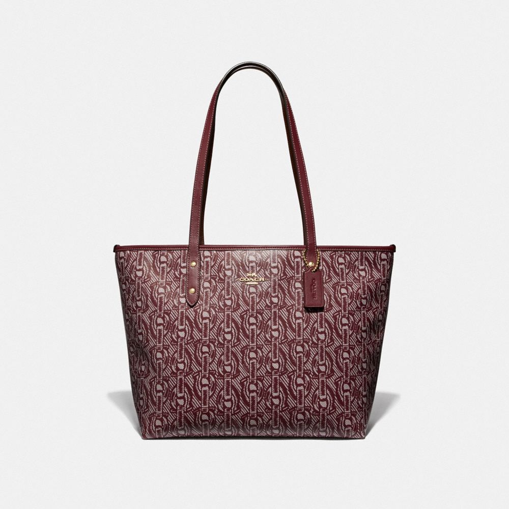 COACH F37854 City Zip Tote With Chain Print CLARET/LIGHT GOLD