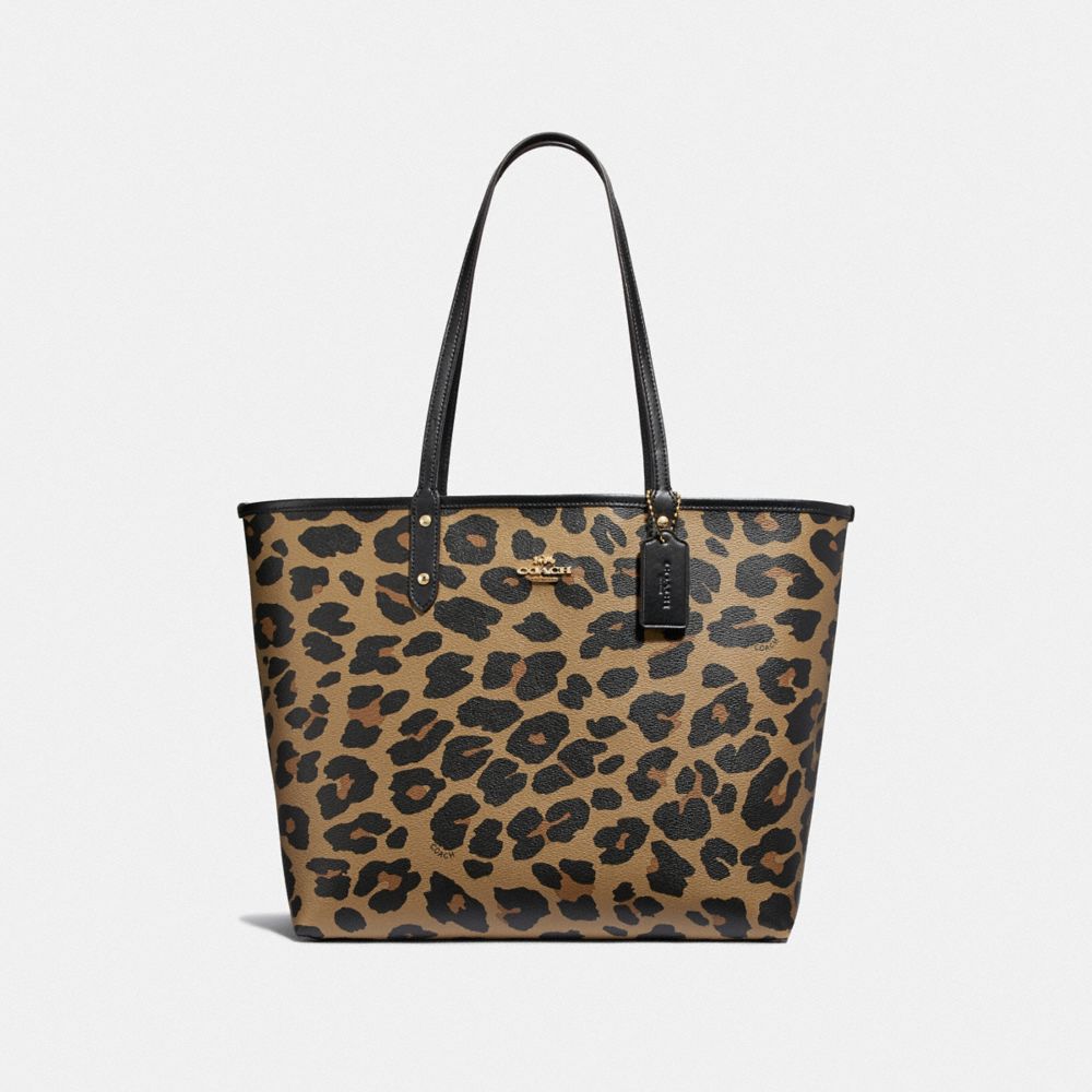 COACH F37877 REVERSIBLE CITY TOTE WITH LEOPARD PRINT BLACK/NATURAL/LIGHT GOLD