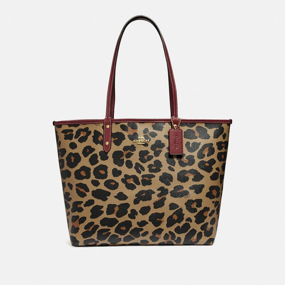 COACH F37877 REVERSIBLE CITY TOTE WITH LEOPARD PRINT NATURAL/WINE/LIGHT GOLD