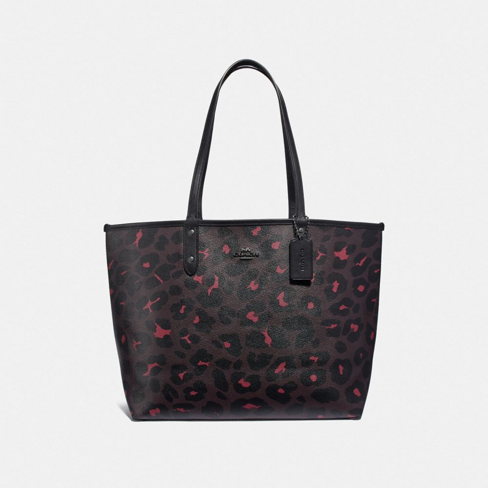REVERSIBLE CITY TOTE WITH LEOPARD PRINT - F37877 - OXBLOOD/BLACK/BLACK ANTIQUE NICKEL