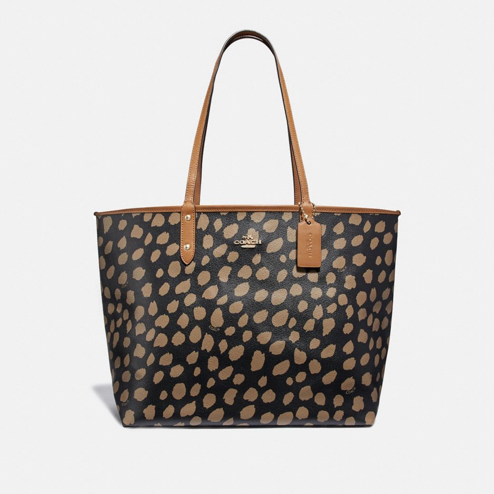 REVERSIBLE CITY TOTE WITH DEER SPOT PRINT - F37878 - BLACK/LT SADDLE/LIGHT GOLD