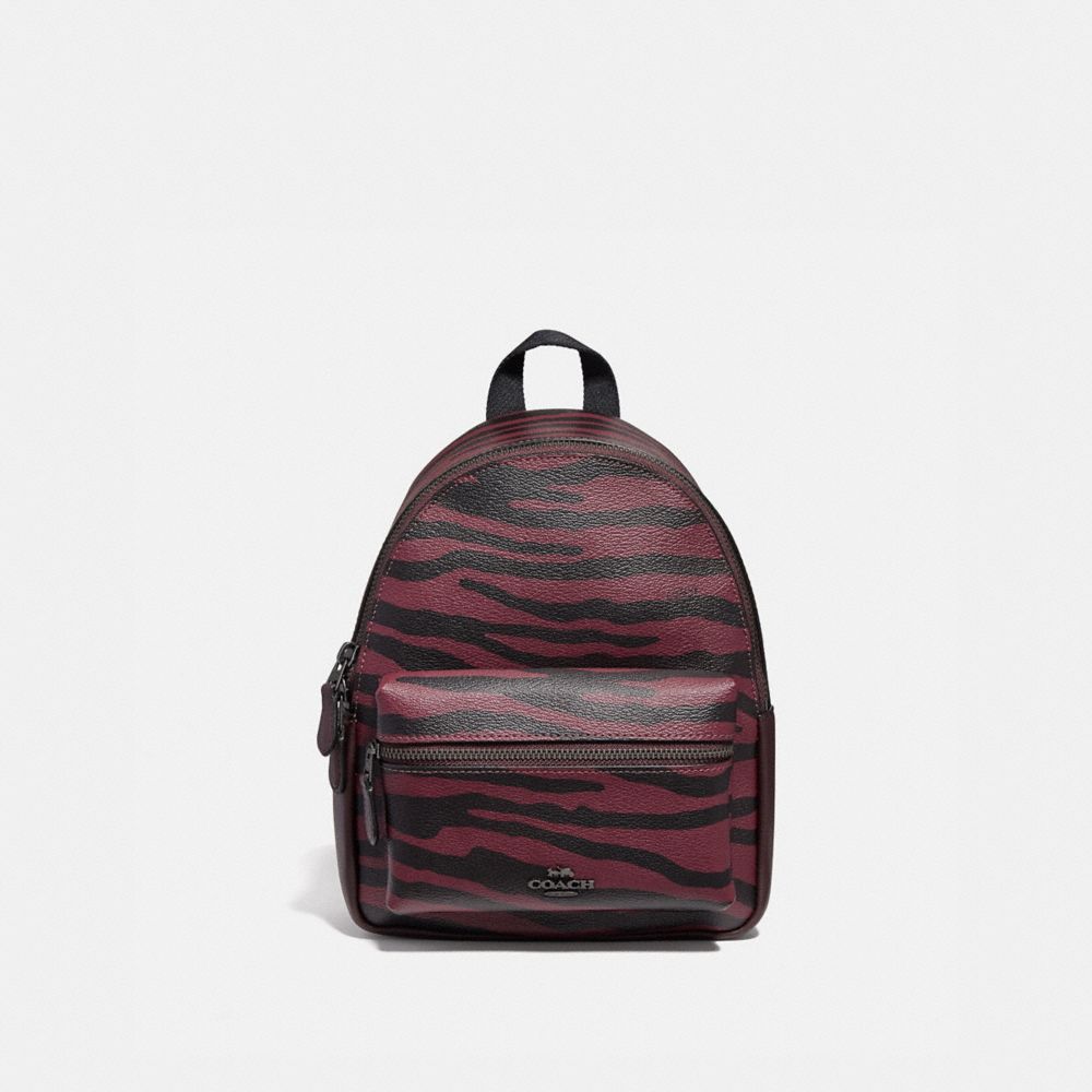 COACH F37880 Mini Charlie Backpack With Tiger Print DARK RED/BLACK ANTIQUE NICKEL